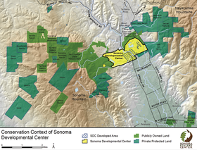 Shown in yellow, the Sonoma Developmental Center property represents a key potential link among other public and protected lands nearby.