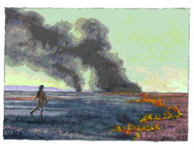 Native Americans across the continent were adept at using fire to manage the landscape to their benefit. Here, Cunningham envisions that practice as applied to a tidal marsh at present-day Oakland.