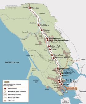 The first phase of SMART's operations will run from the Santa Rosa Airport south to downtown San Rafael, leaving addition segments to be added at both ends of the line.