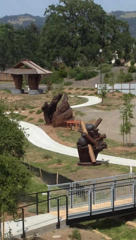 A landscaped. meandering pathway takes viistors through the newly installed sculpture garden at the Wells Fargo Center for the Arts.